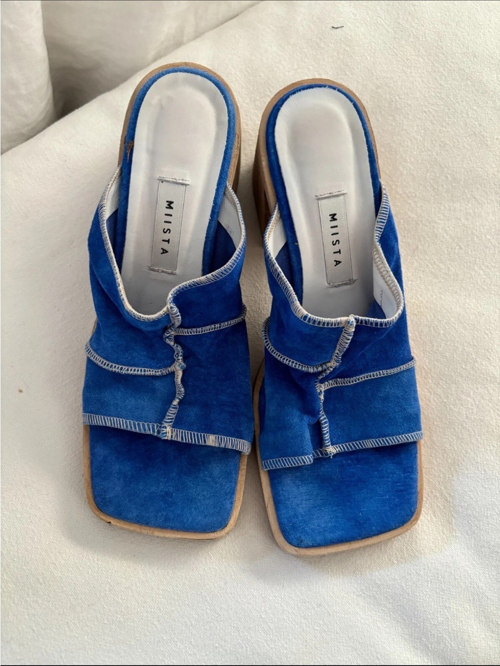 miista mildred blue patchwork canvas square toe mules - 39